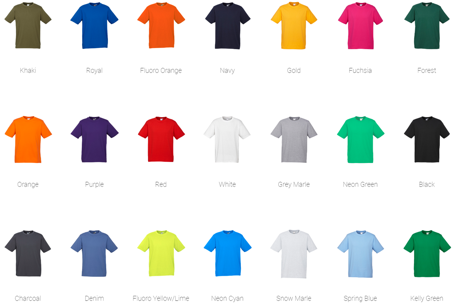 Short Sleeve T-Shirts Colour Chart